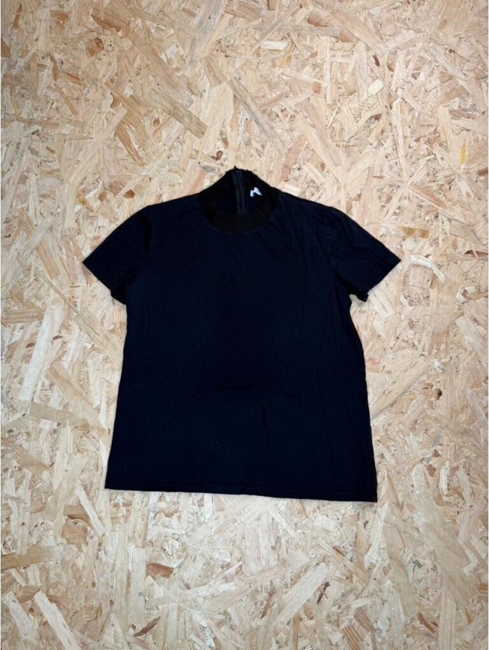 Zara Woman Black Mock Neck Short Sleeve Top Size Medium Knit Collar Zip Back